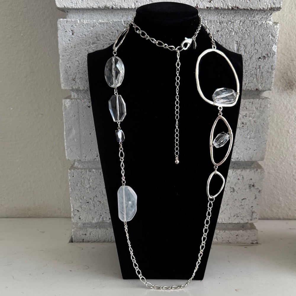 Chico’s Long Statement Silver Chain Necklace with Clear Beads - Picture 2 of 7